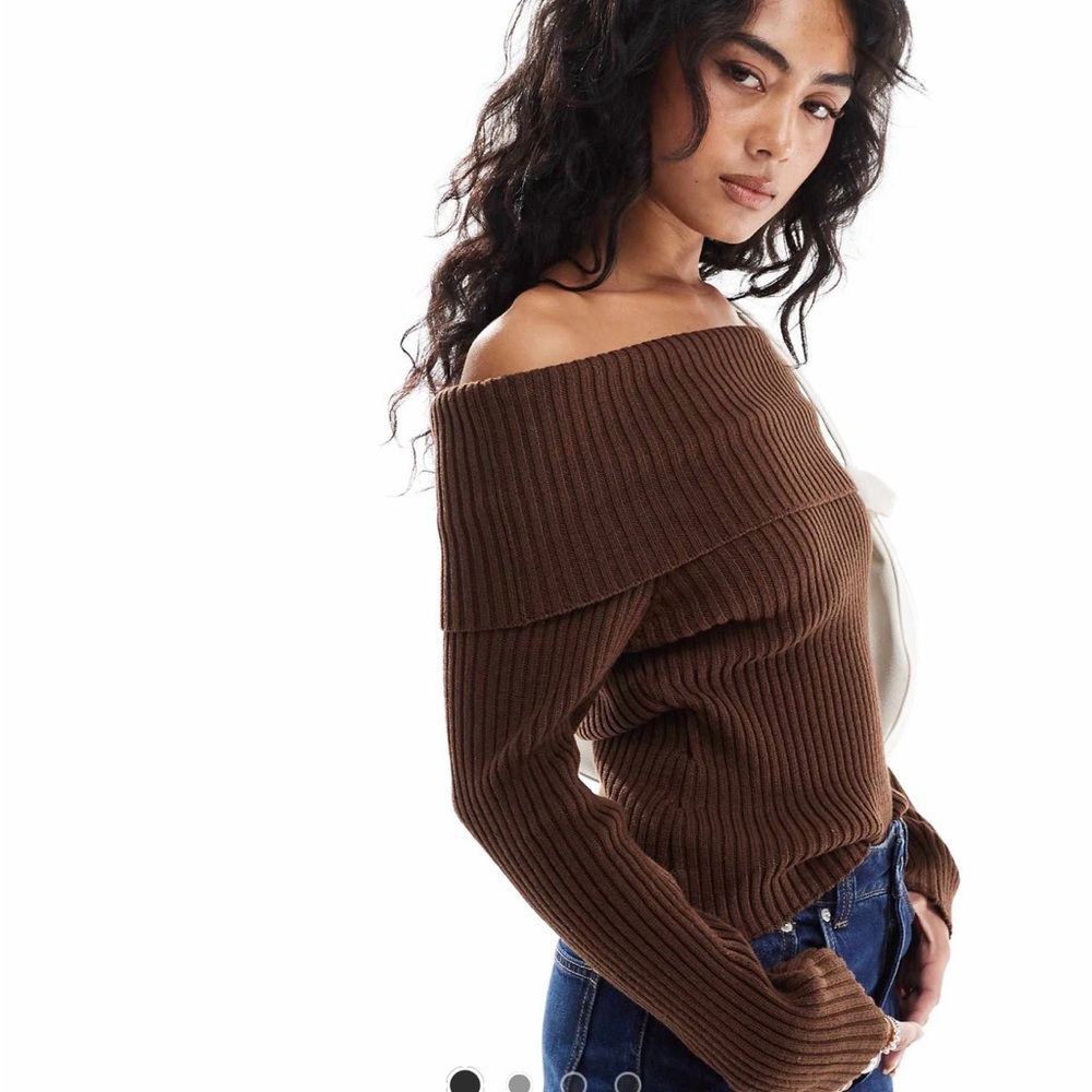 Brown Off-Shoulder Ribbed Sweater